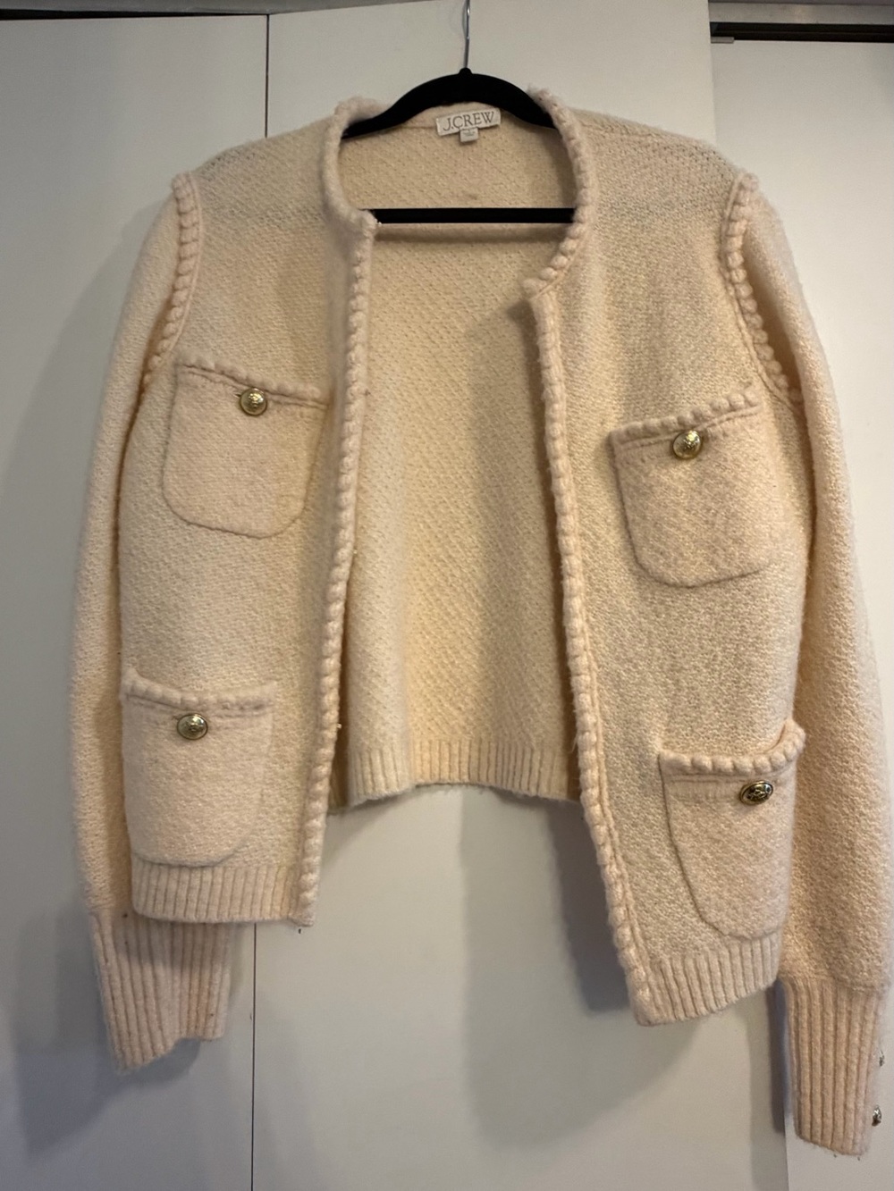 J. Crew Cream Pocket-Front Bouclé Sweater Jacket